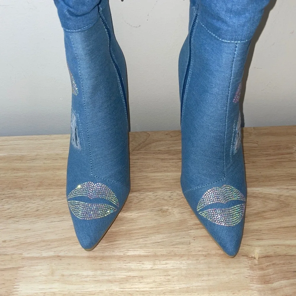 Cape Robbin Distressed Denim Rhinestone Thigh High Stiletto Boots Size‎ 7 NIB